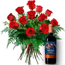 Bouquet of 12 roses and red wine